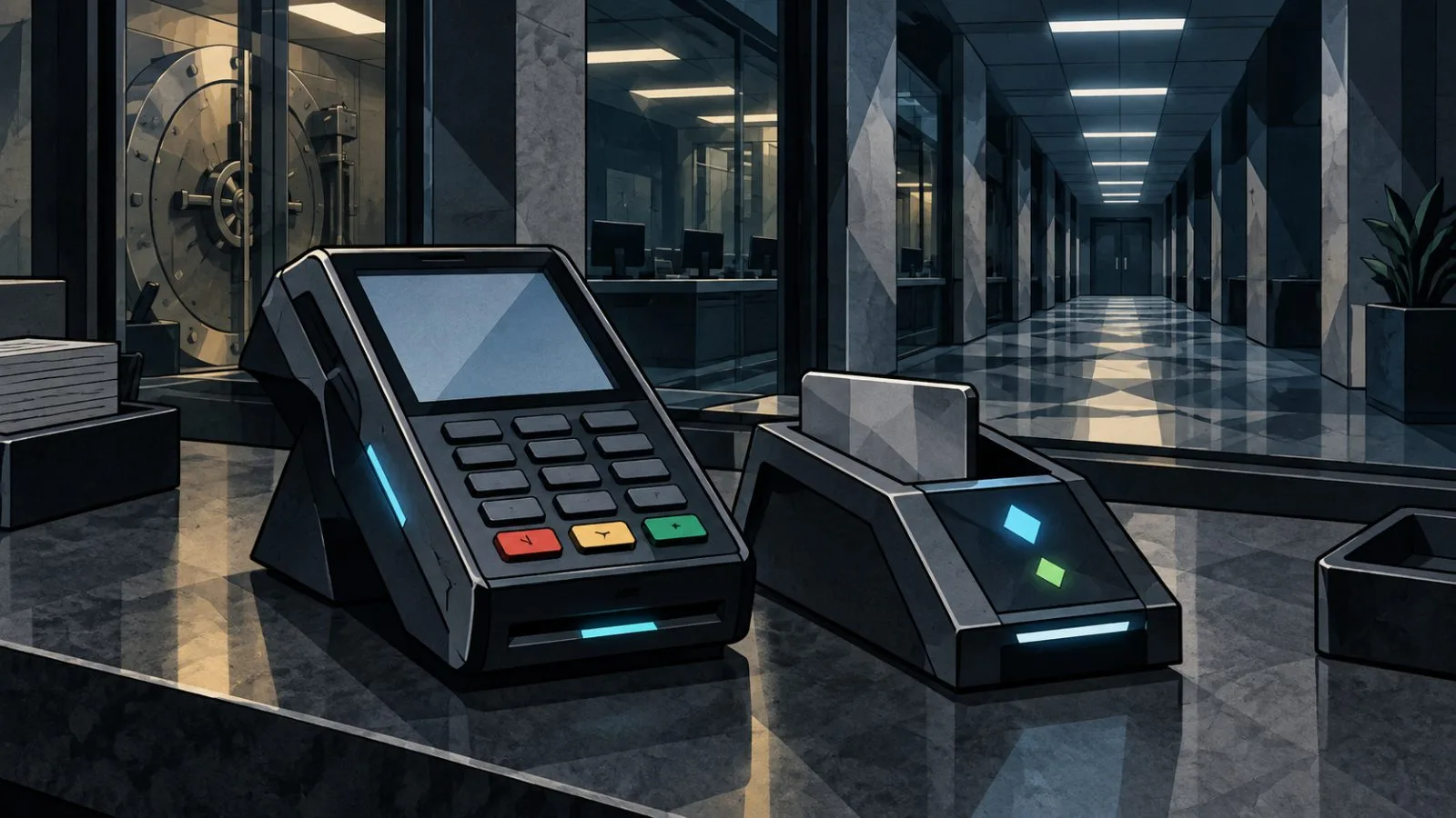 A payment terminal stands beside a card reader in a quiet corridor / TokenPost.ai