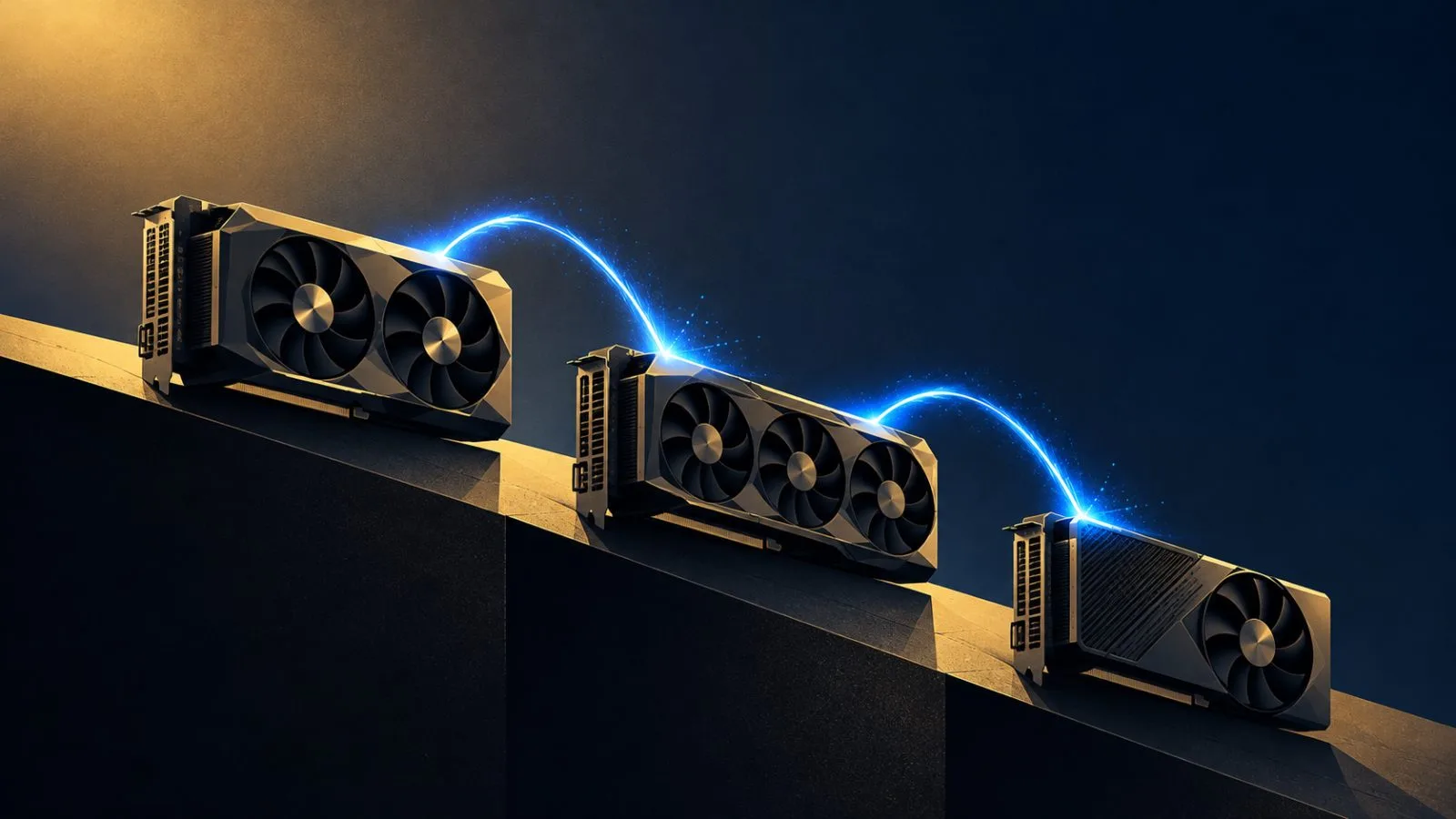 Three graphics cards rest on a sloping metal platform / TokenPost.ai