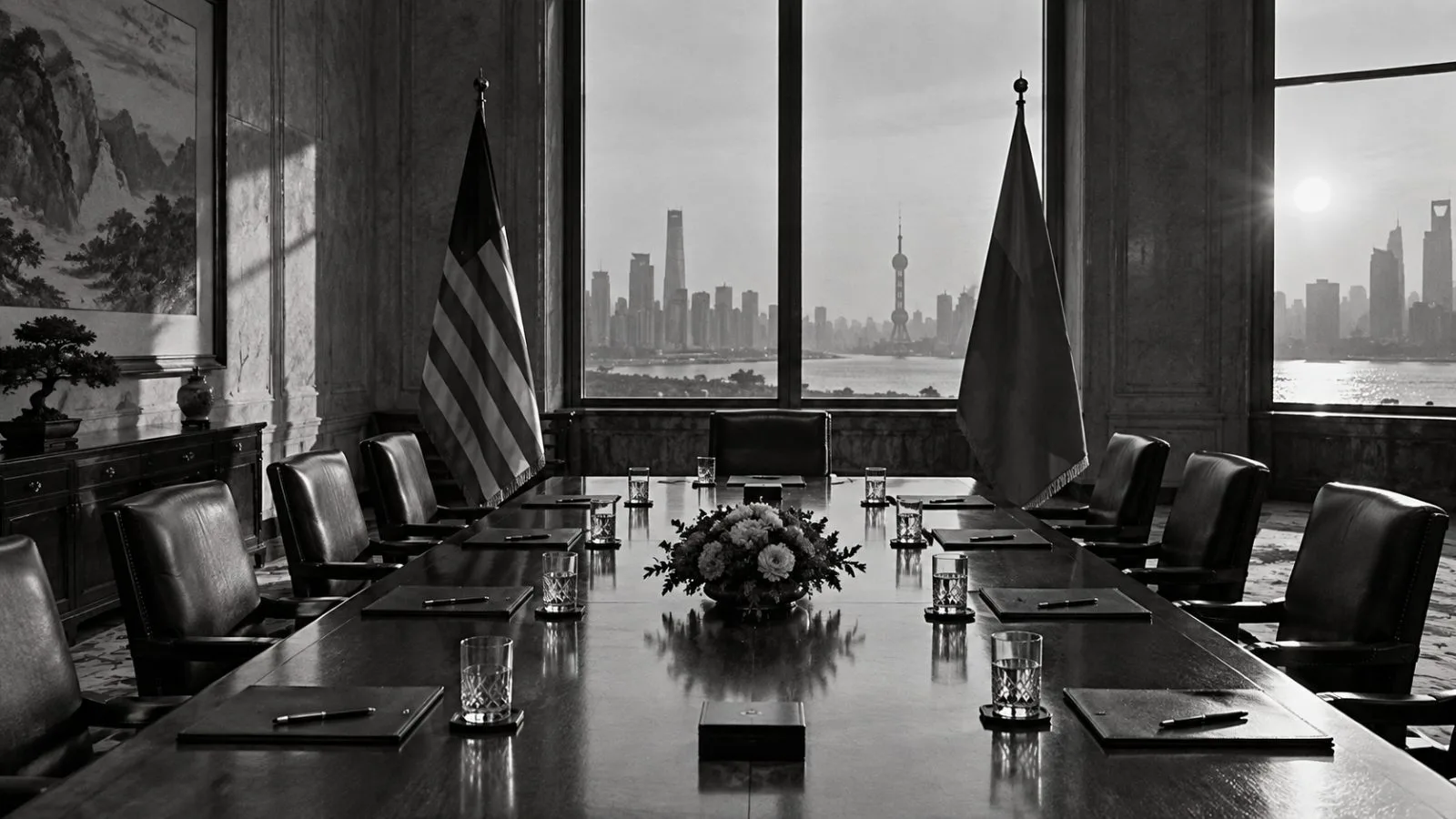 National flags stand beside an empty summit conference table / TokenPost.ai