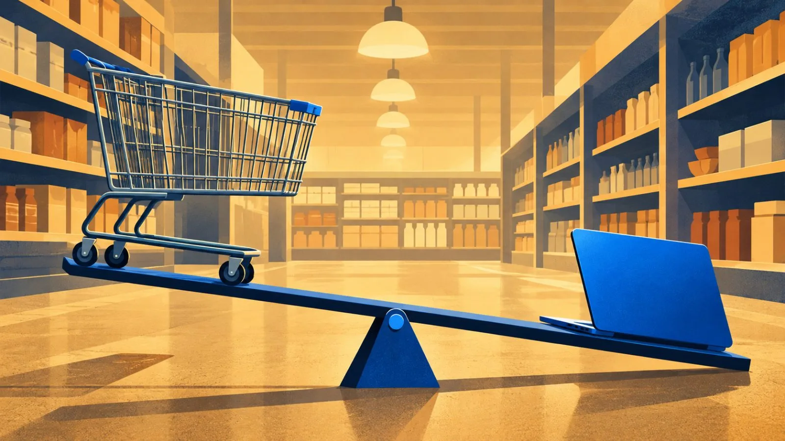 A shopping cart faces a closed laptop on a tilted balance beam / TokenPost.ai