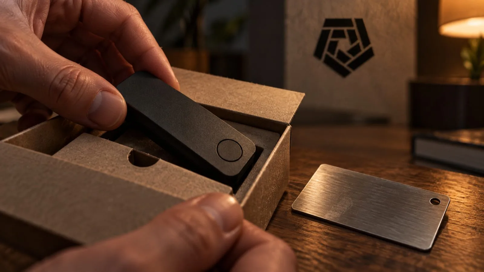 An engraved metal tag rests beside a simple ceramic cloud tile / TokenPost.ai