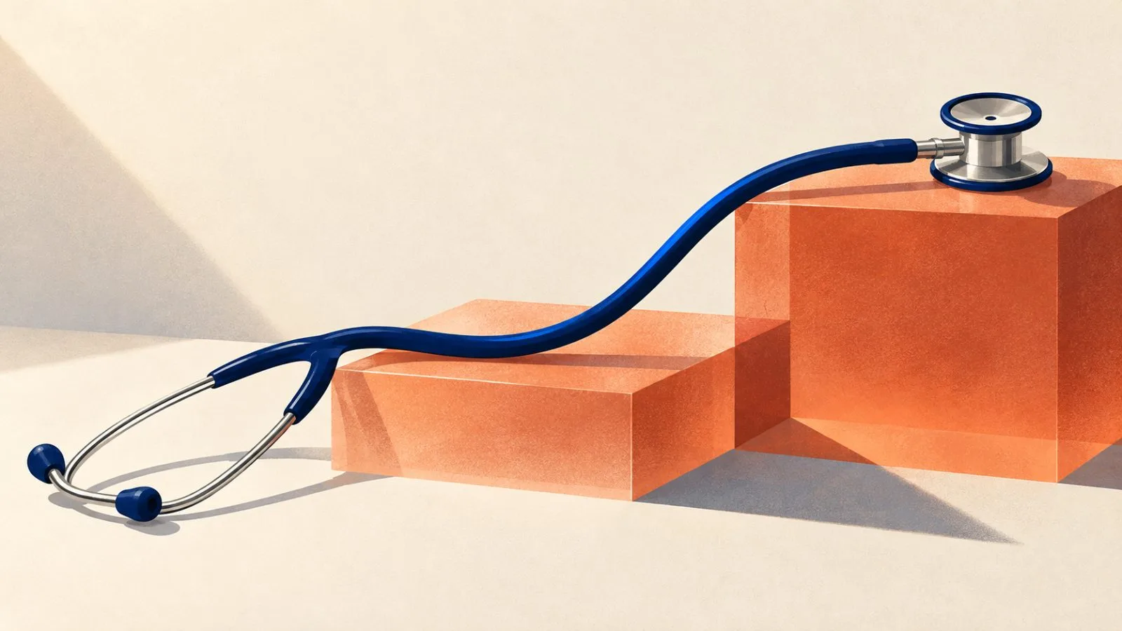 A stethoscope rests across two ascending acrylic slabs / TokenPost.ai