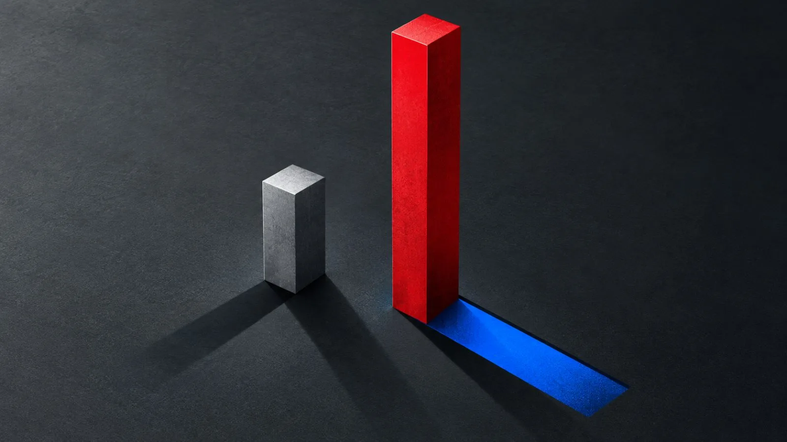 Two unmarked bars, one taller and crimson, stand on a graphite surface. / TokenPost.ai
