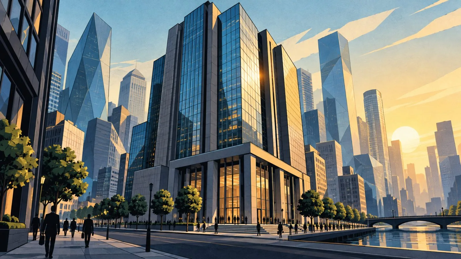 Glass bank towers reflect early morning light / TokenPost.ai