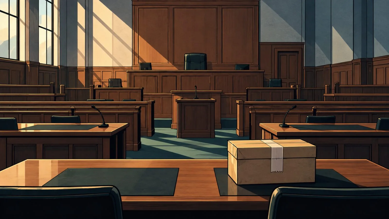 Empty courtroom bench beside a sealed evidence box / TokenPost.ai