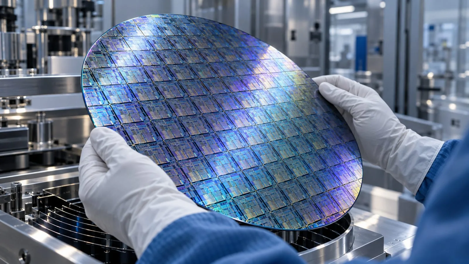Gloved hands hold a patterned silicon wafer under cleanroom lights / TokenPost.ai