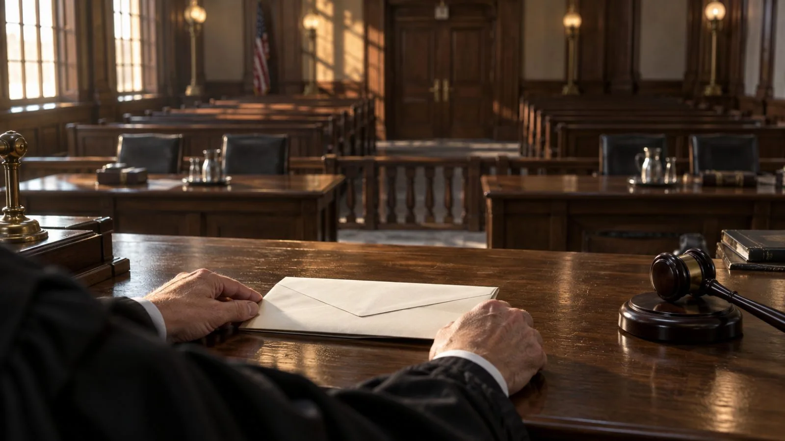 Judge’s hands place a sealed order inside an empty courtroom / TokenPost.ai