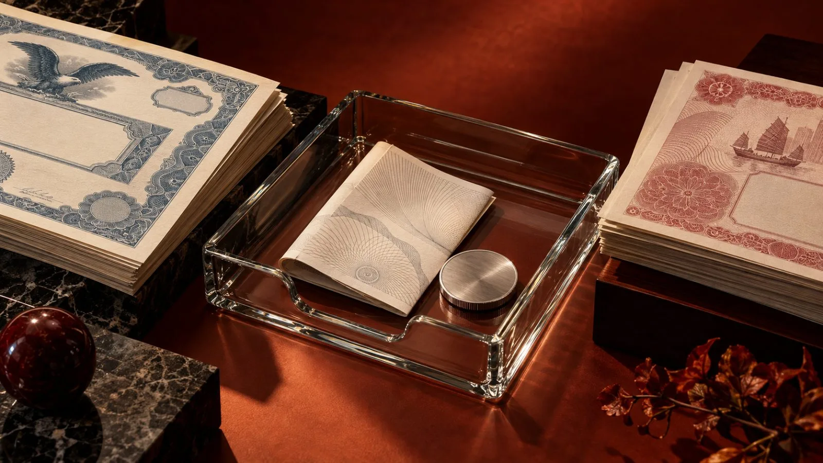 Stock certificates and a metal token meet in a glass tray / TokenPost.ai