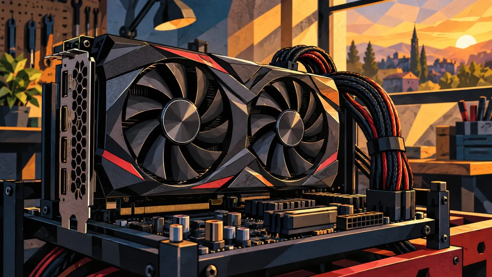 Graphics card mounted on an open testing rig under window light / TokenPost.ai