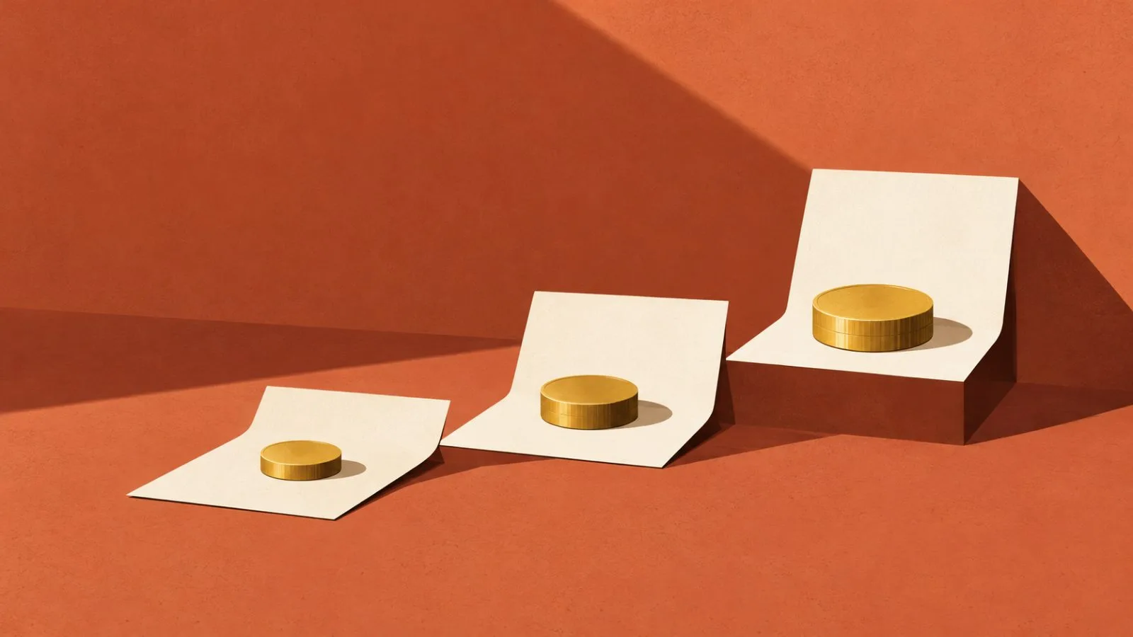 Brass coins rest on blank calendar pages arranged like ascending steps / TokenPost.ai
