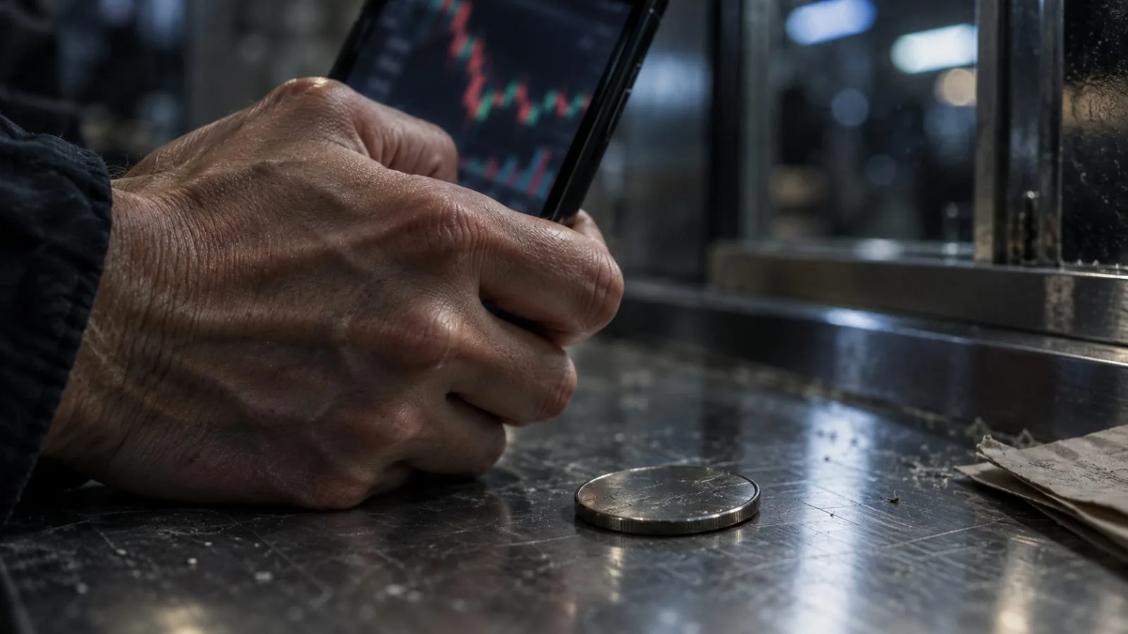 Hand grips a smartphone beside a fallen metal token / TokenPost.ai