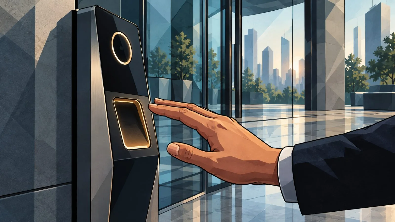 Unmarked verification terminal beside a glass lobby entrance / TokenPost.ai