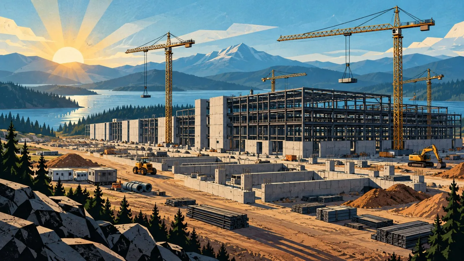 Steel framing rises at a sunlit data-center construction site / TokenPost.ai