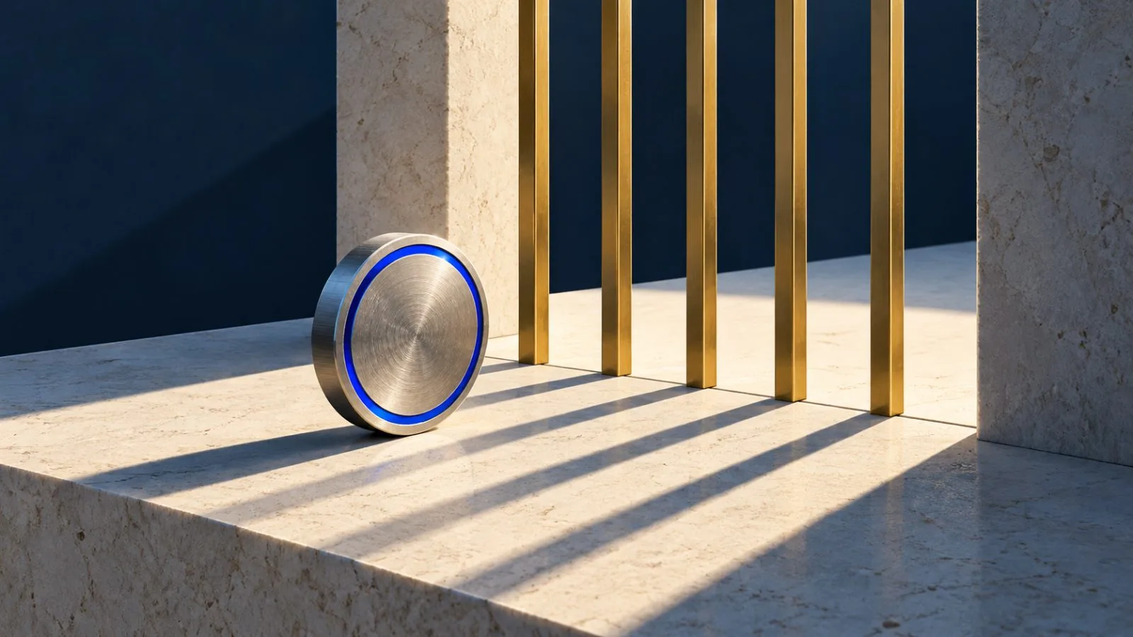 A metal token rests before five slim brass gate bars / TokenPost.ai