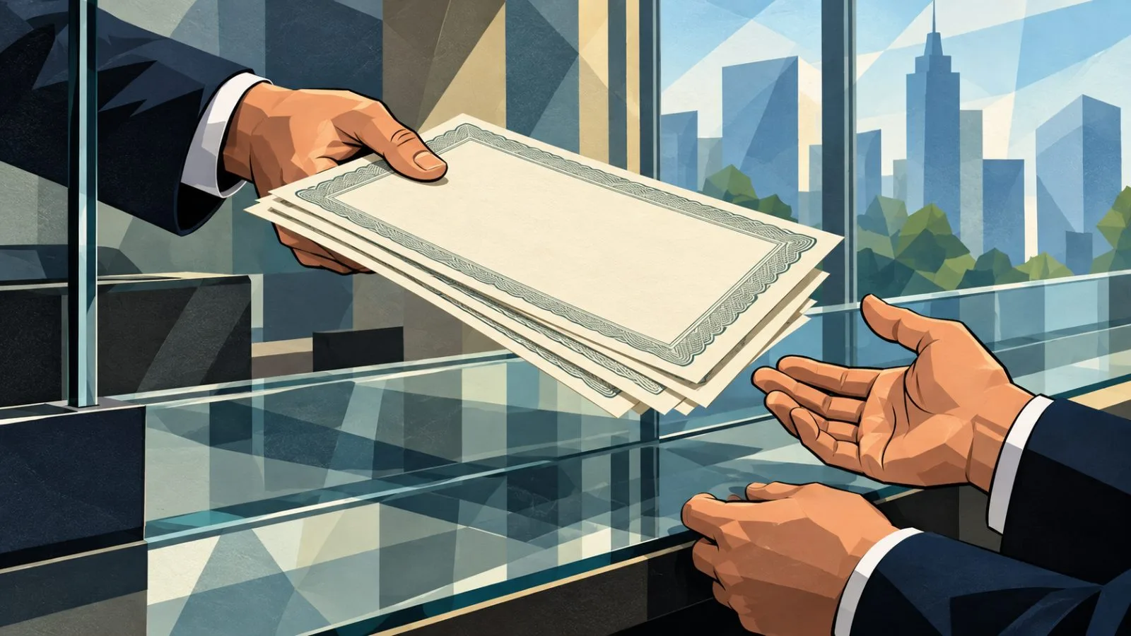 An anonymous hand passes blank share certificates across a glass counter / TokenPost.ai