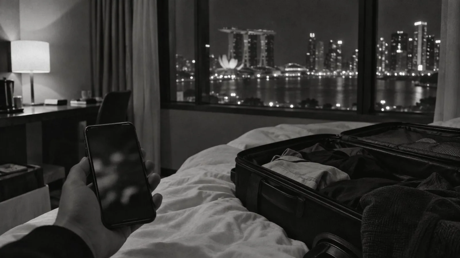 Smartphone beside an open suitcase in a dim hotel room / TokenPost.ai