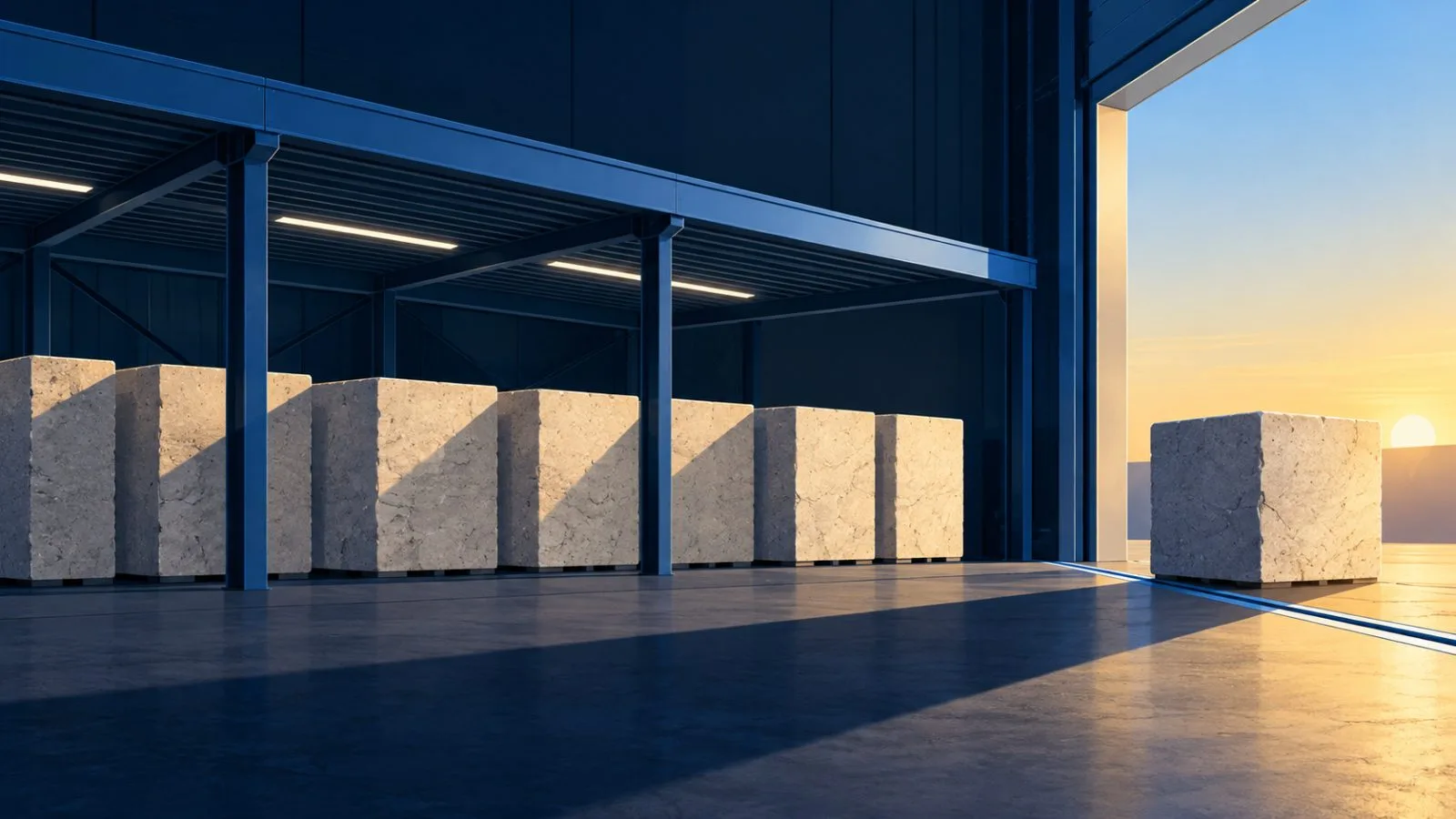 A steel canopy shelters stone blocks beside a warehouse threshold / TokenPost.ai