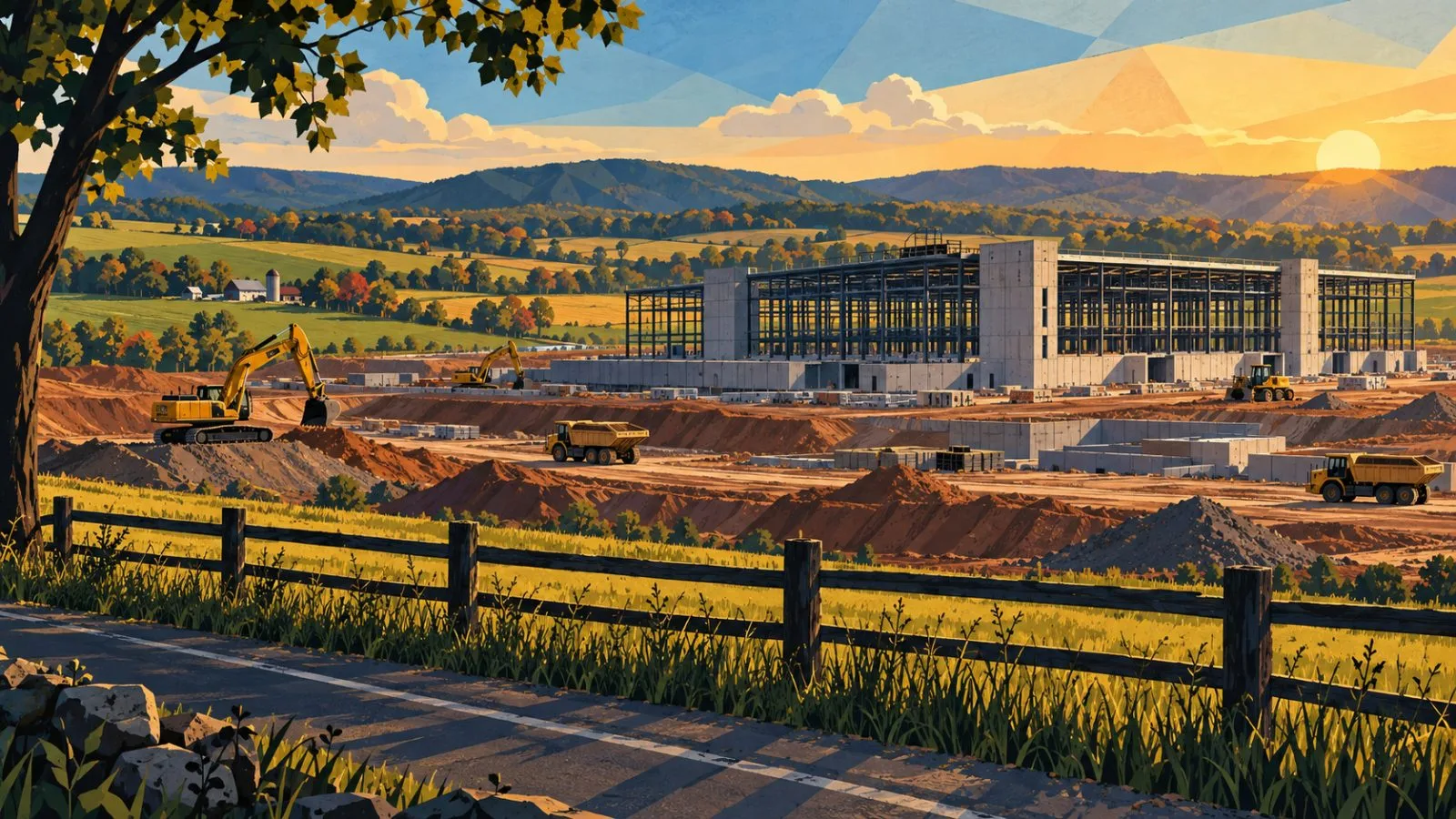 Construction equipment sits beside a partially built rural facility / TokenPost.ai