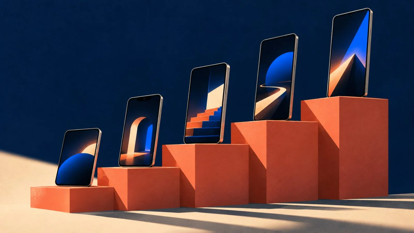 Unbranded smartphones rise across a stepped stone display / TokenPost.ai