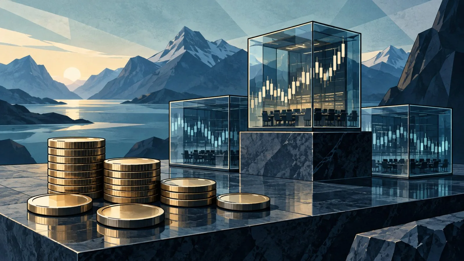 Metallic tokens arranged beside transparent exchange blocks / TokenPost.ai