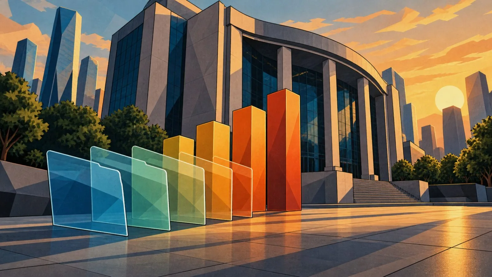Fund folders arranged outside a sunlit financial exchange building / TokenPost.ai