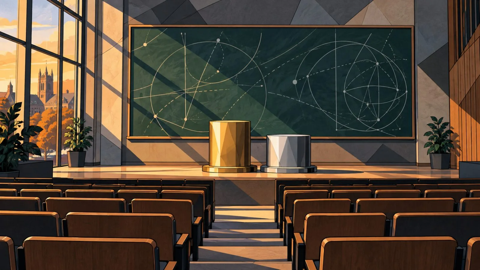 Empty lecture hall with medal stands and abstract economic curves / TokenPost.ai