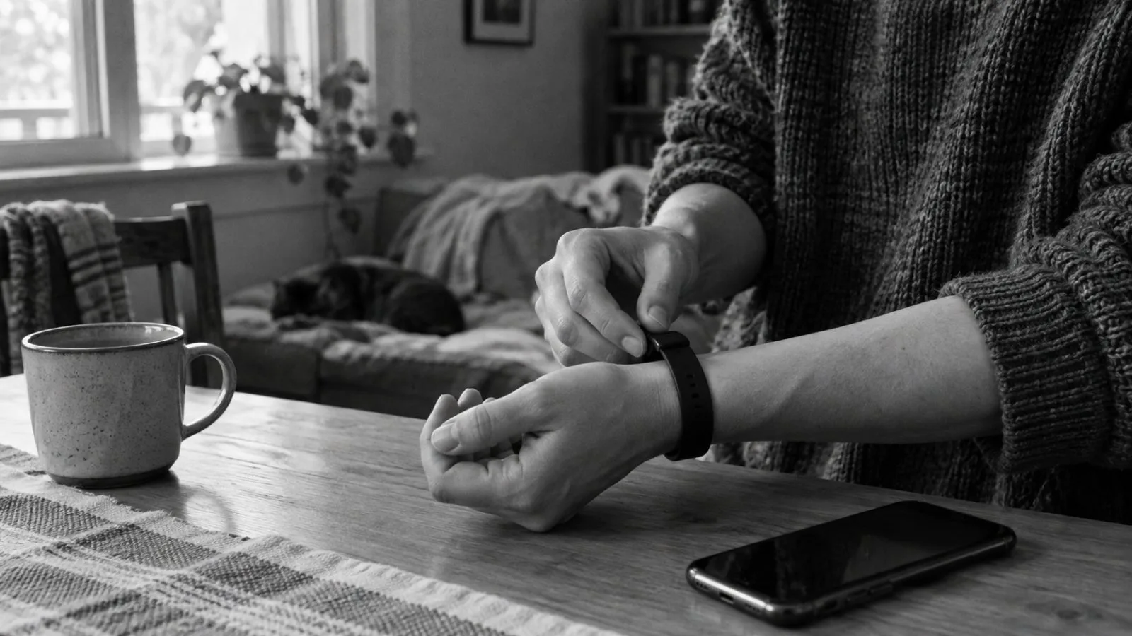 A hand fastens a slim wearable band beside a smartphone / TokenPost.ai