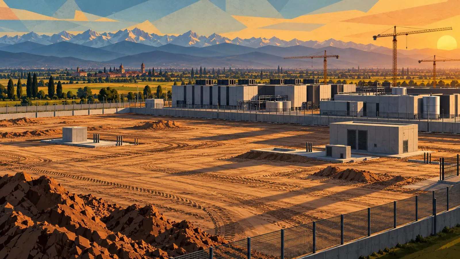 Construction cranes rise above a sprawling Italian data-center site / TokenPost.ai