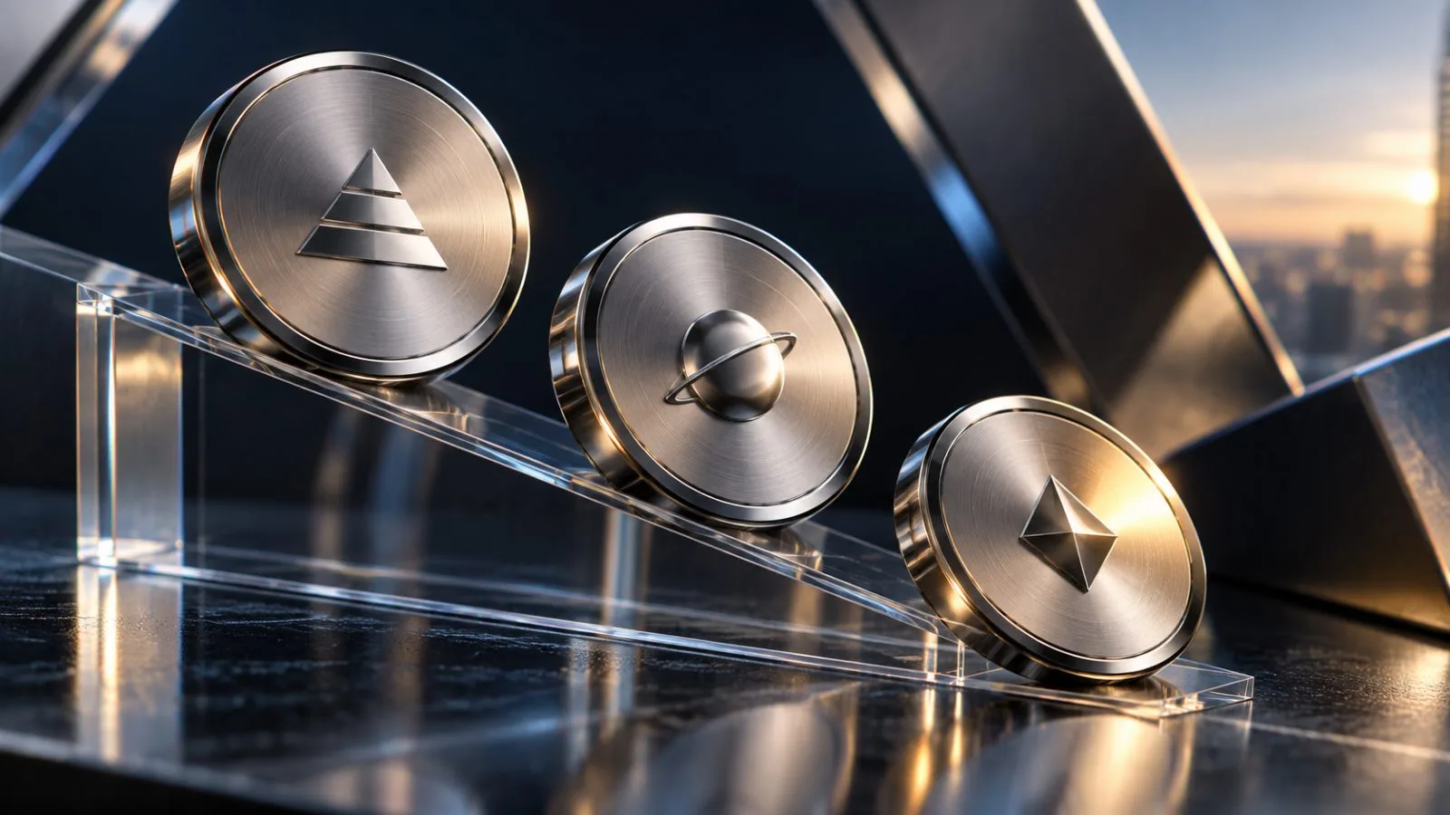 Three metal token discs arranged on a sloping acrylic display / TokenPost.ai