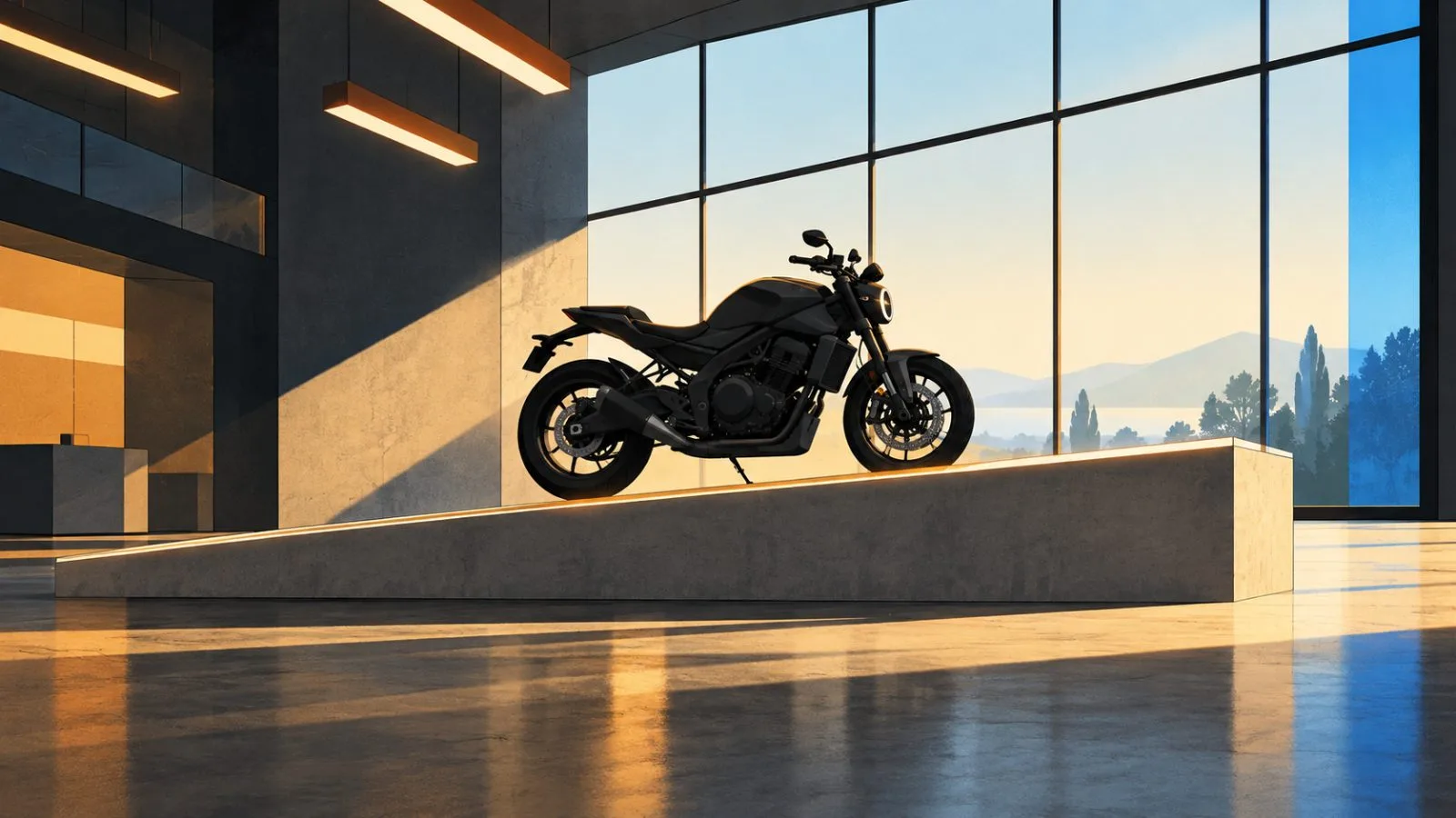 A black motorcycle stands on a rising concrete showroom platform / TokenPost.ai