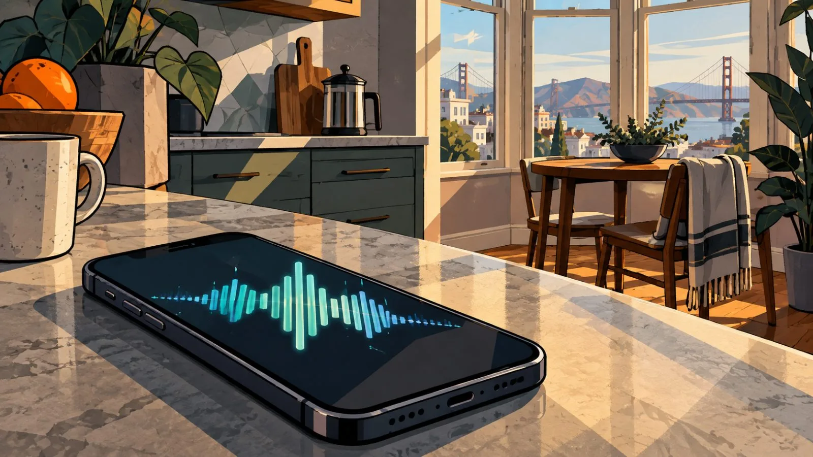 Smartphone displaying an audio waveform beside a kitchen window / TokenPost.ai