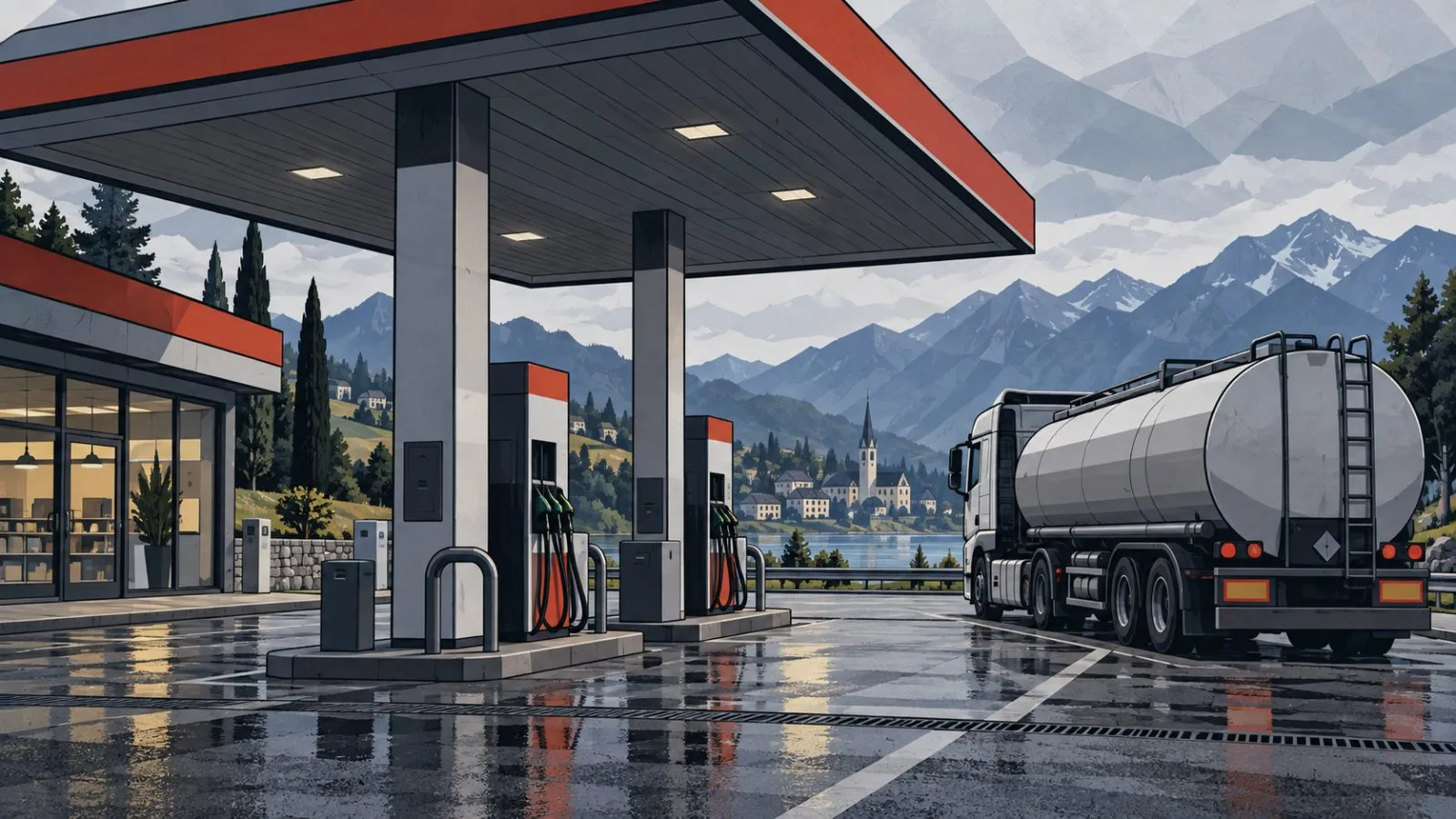 Diesel pumps stand beside a tanker truck under a cloudy morning sky / TokenPost.ai