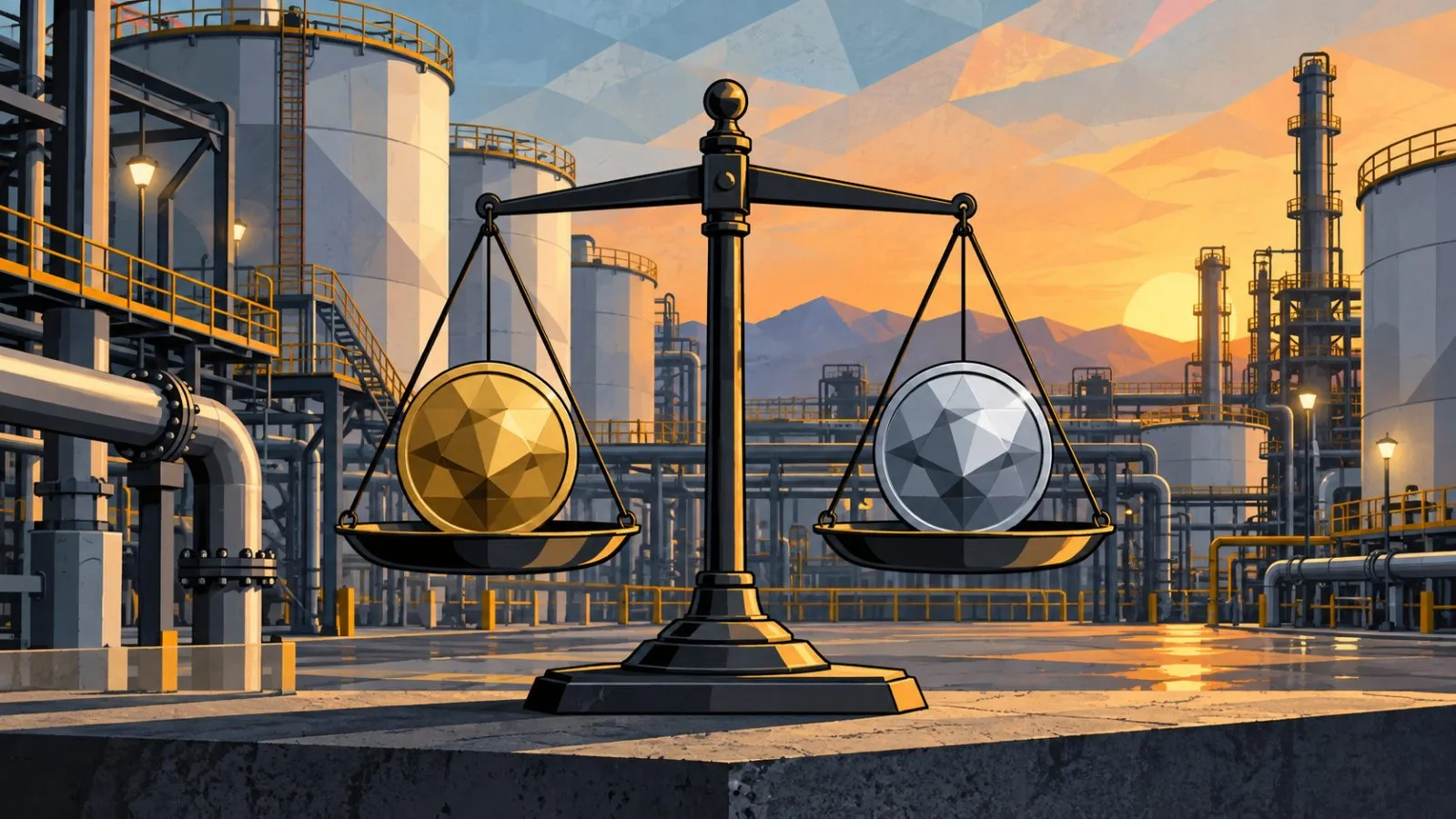 Chemical storage tanks beside metallic tokens on a precision scale / TokenPost.ai