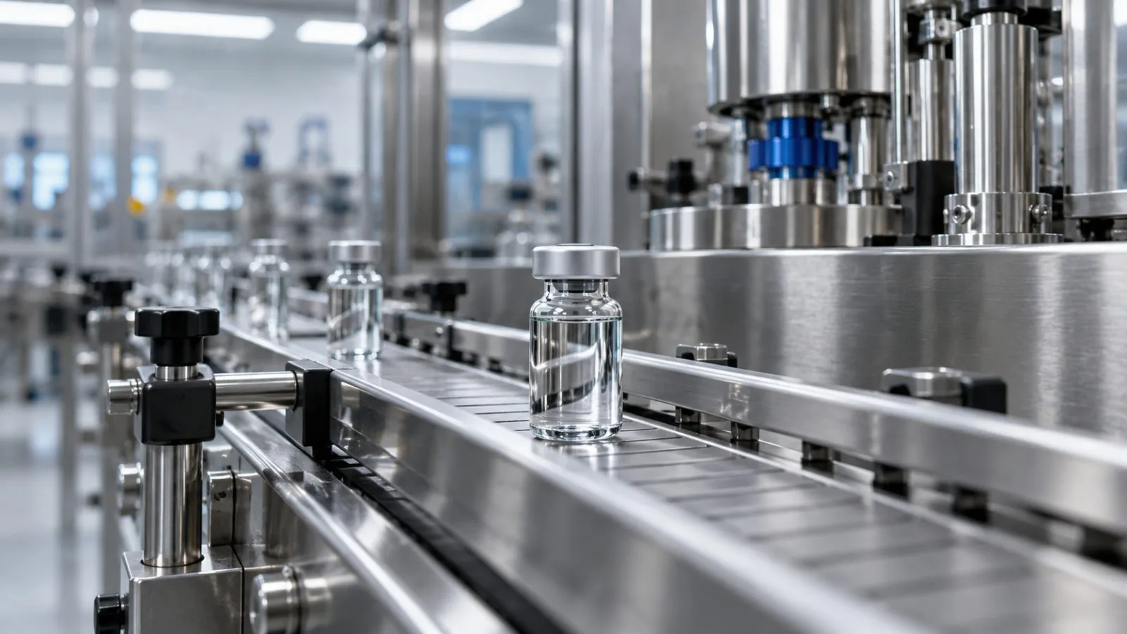 A clear vial moves along a sterile pharmaceutical production line / TokenPost.ai