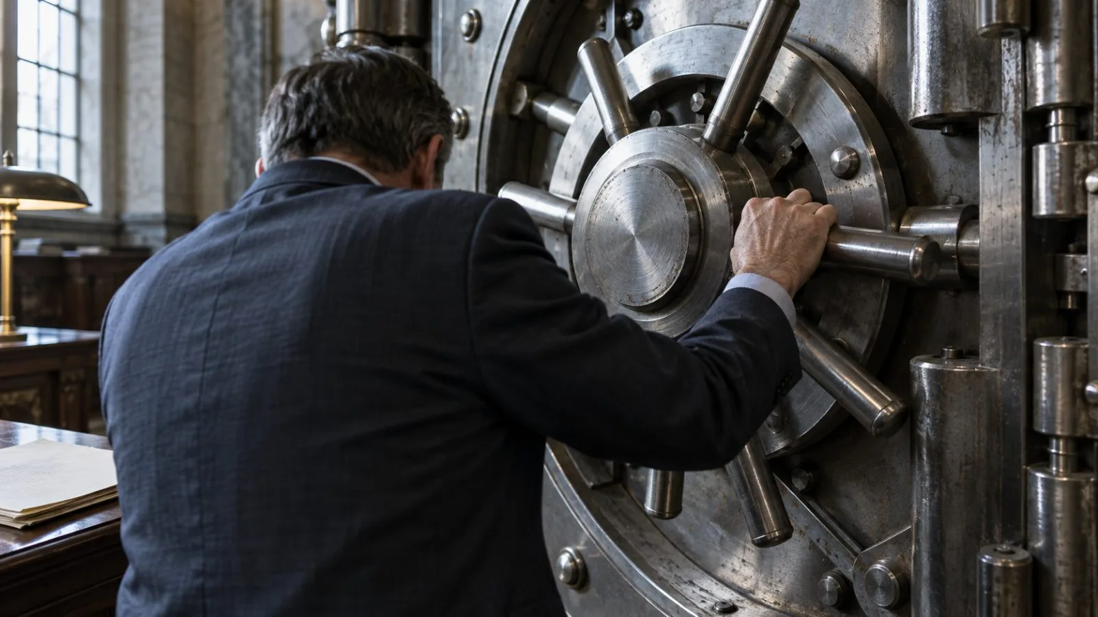 An anonymous figure approaches a stone government building entrance / TokenPost.ai (macro)