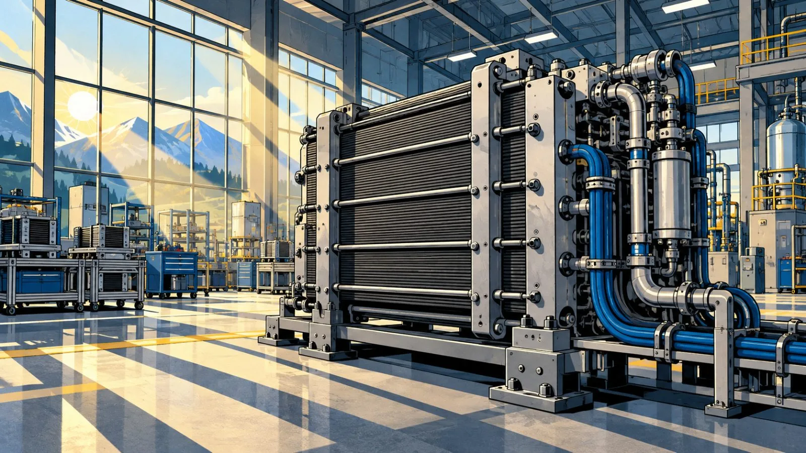 Brushed steel fuel-cell plates form a measured upward rhythm / TokenPost.ai