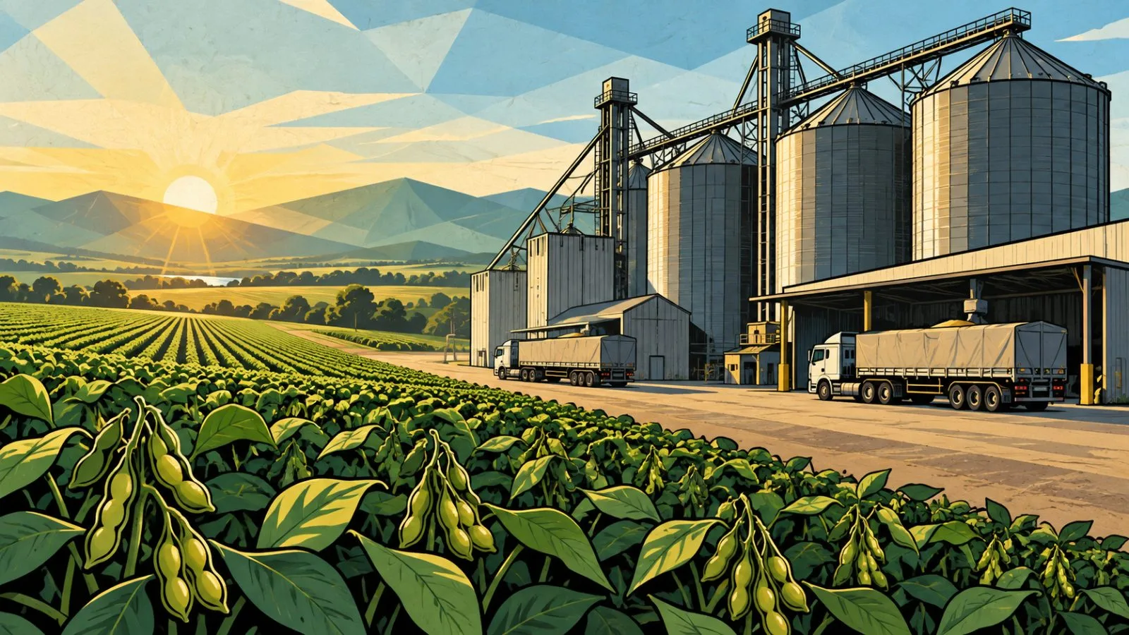 Soybean fields beside grain silos in morning light / TokenPost.ai