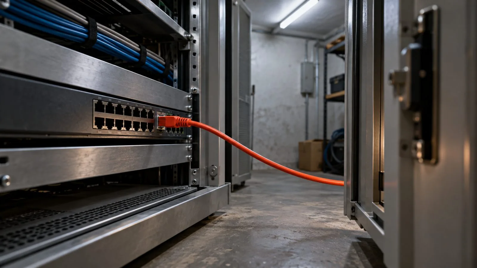 An exposed network port sits inside an open utility cabinet / TokenPost.ai