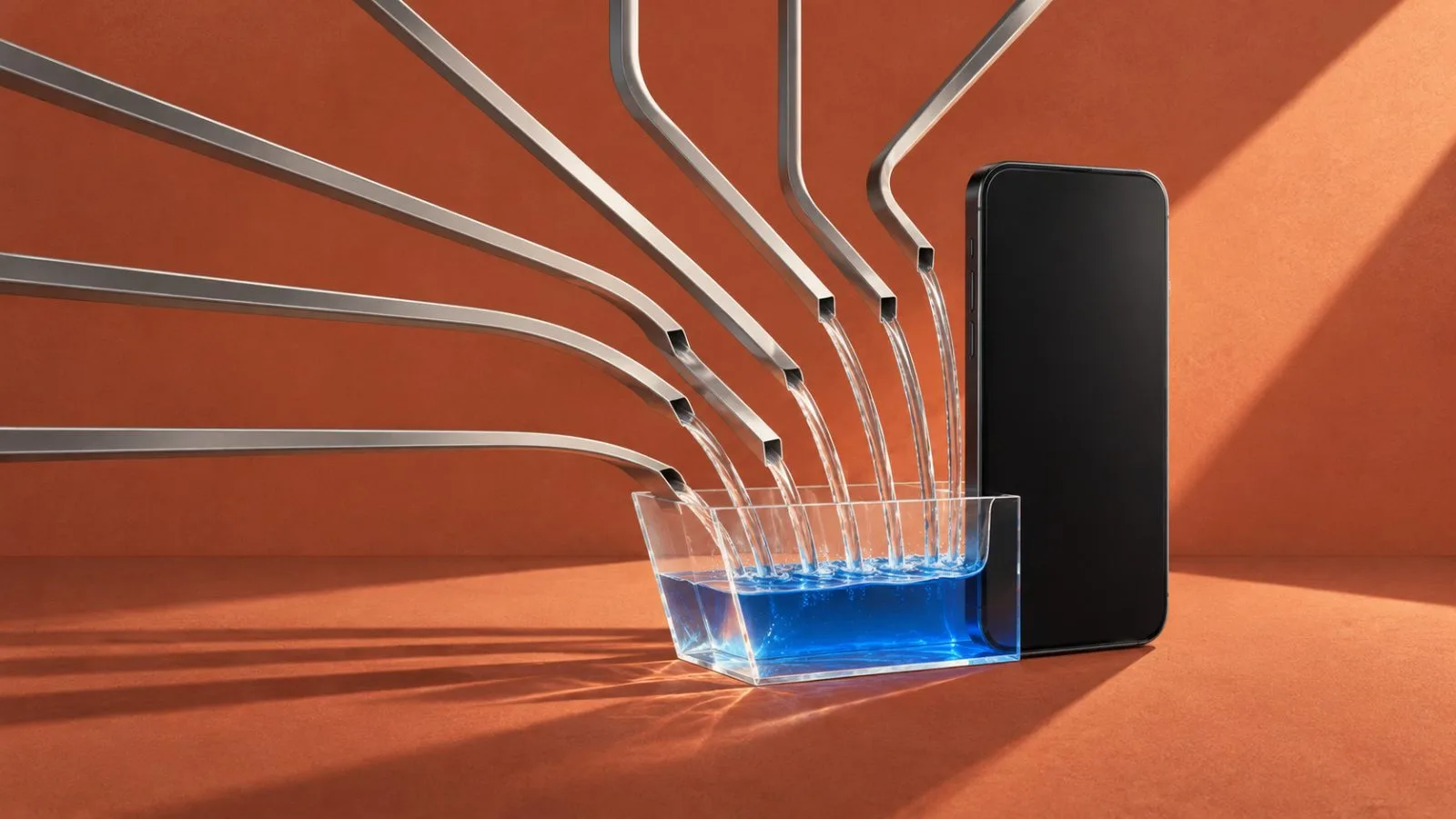 Ten metal channels converge beside a dark glass smartphone / TokenPost.ai