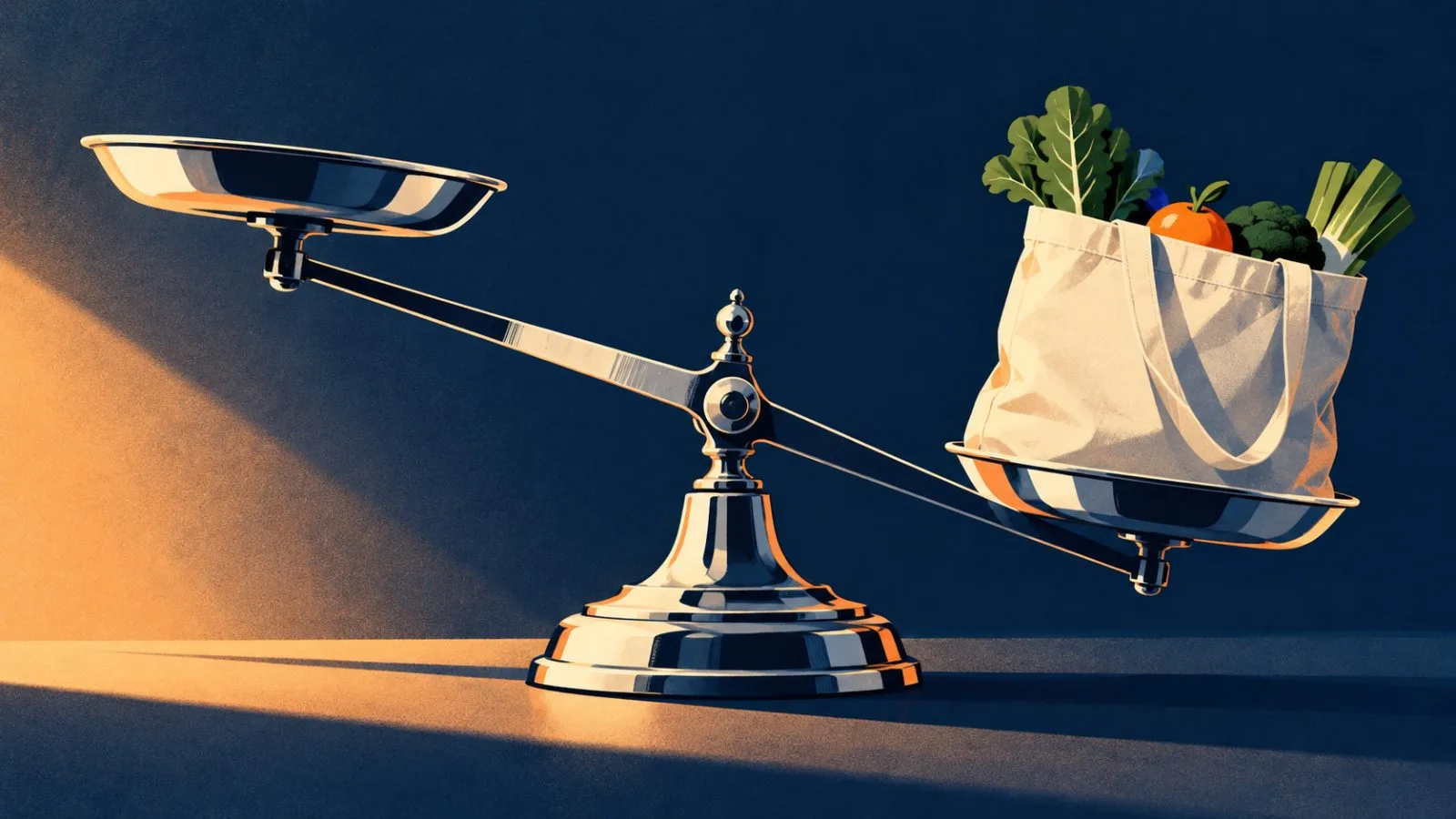 A grocery tote balances on a sharply tilted chrome scale / TokenPost.ai