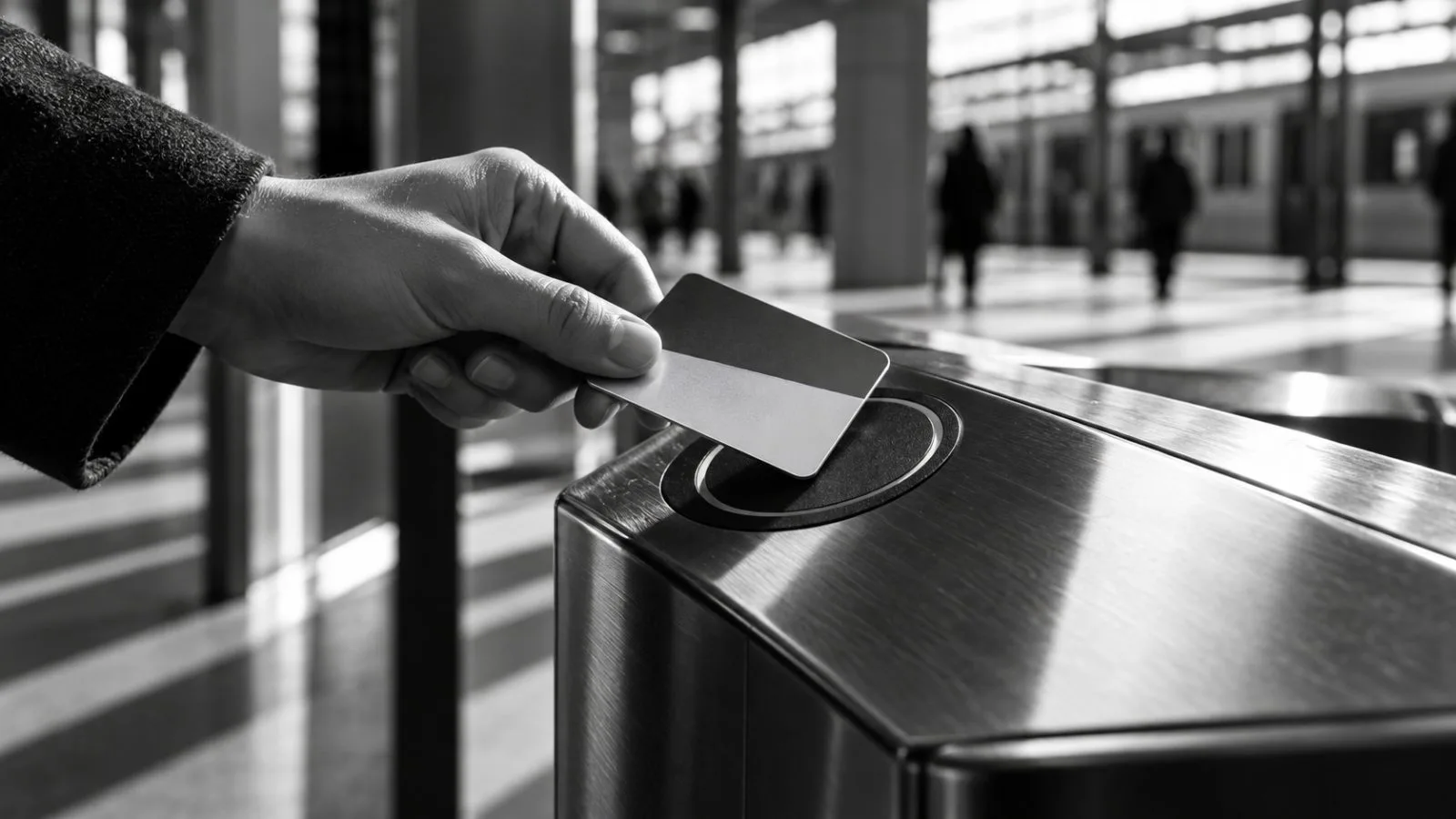 A hand uses a laptop beside a blank corporate card / TokenPost.ai (mono)