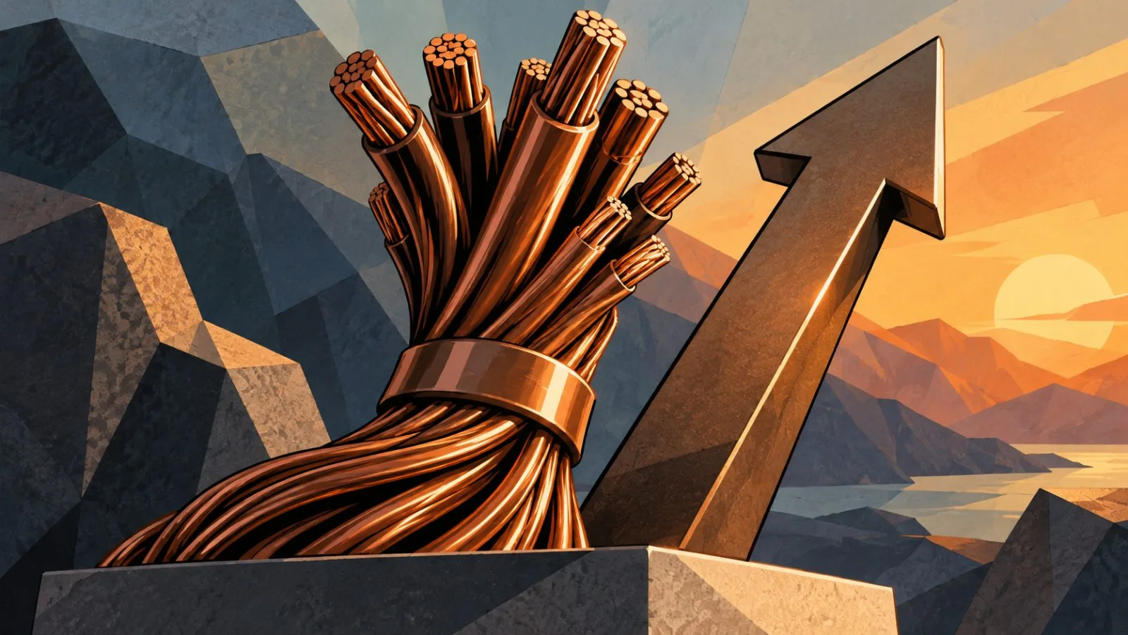 Bundled copper cable harness beside a steep metallic arrow / TokenPost.ai