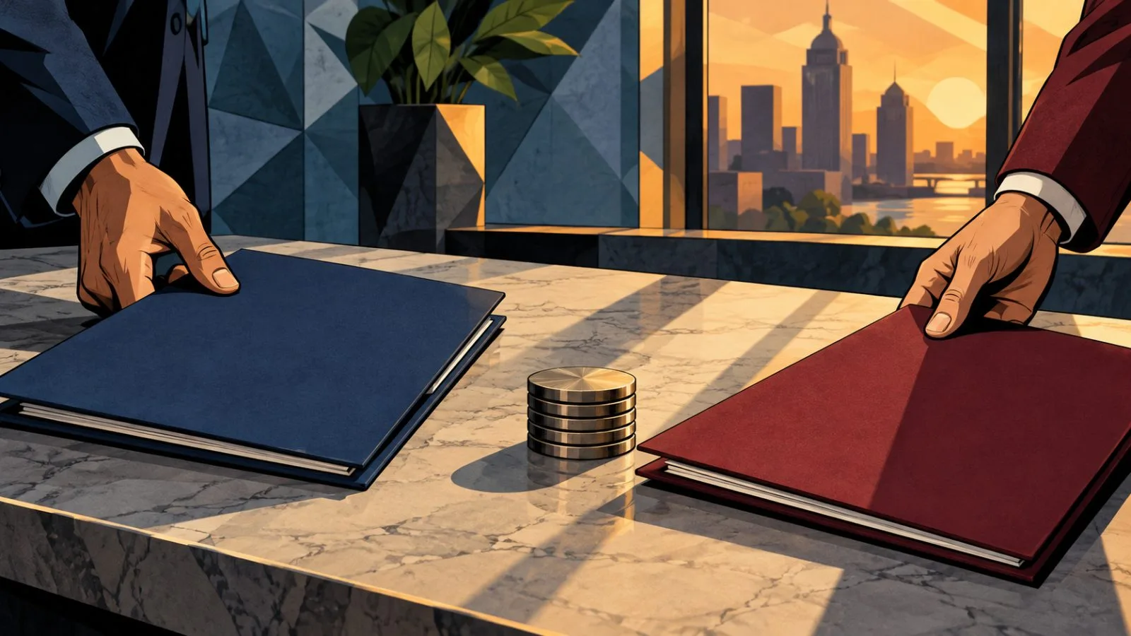 Blank contract folders beside metal tokens on an exchange counter / TokenPost.ai