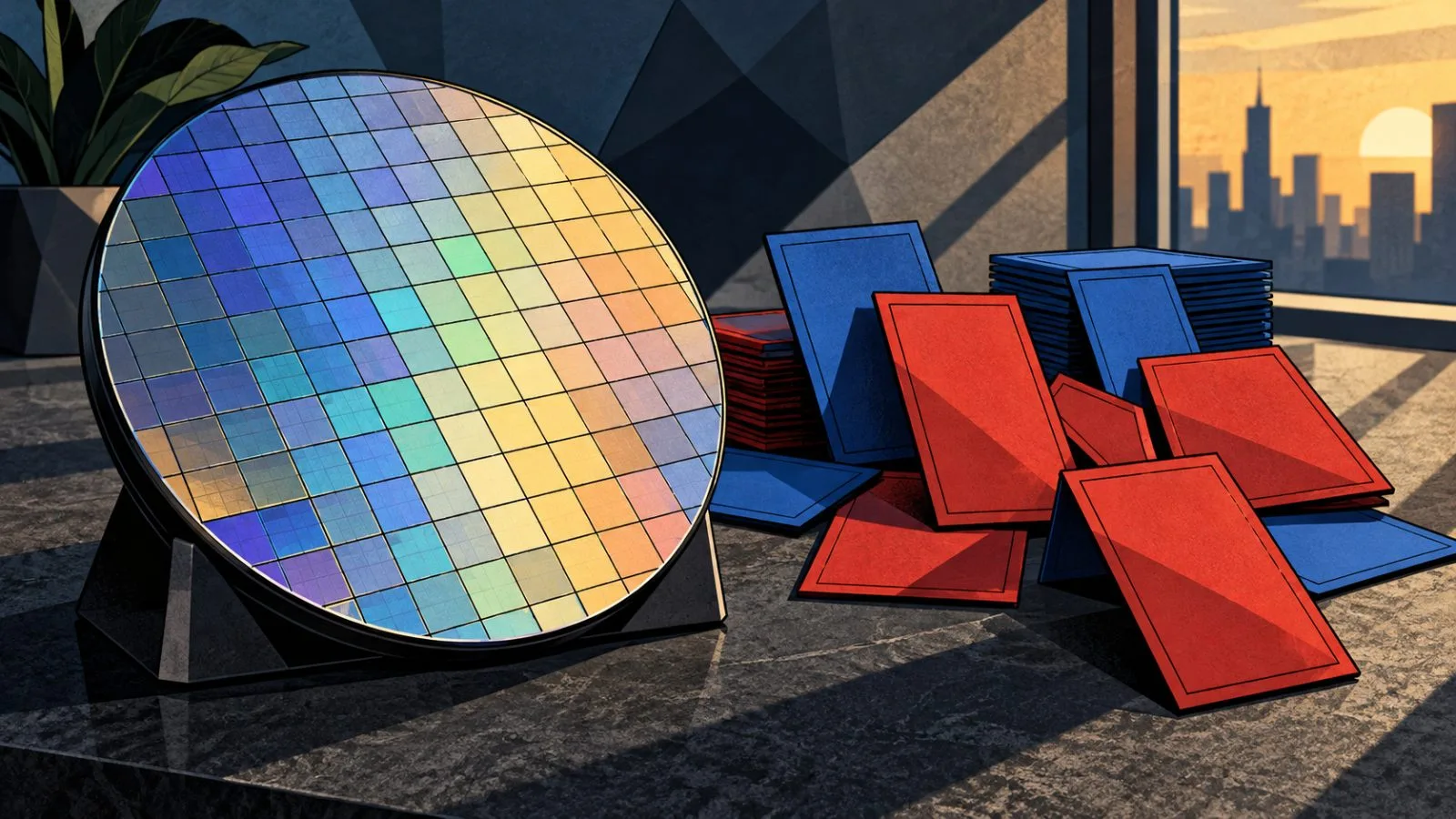 Silicon wafer beside downward-tilted colored market cards / TokenPost.ai