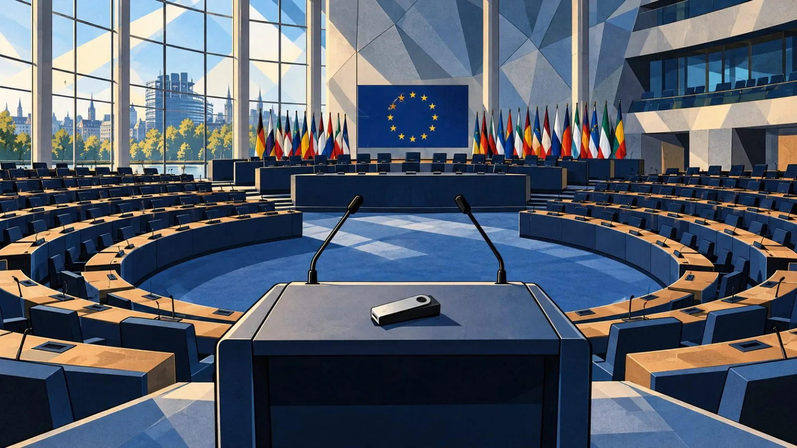 Hardware wallet resting on an unmarked parliamentary lectern / TokenPost.ai