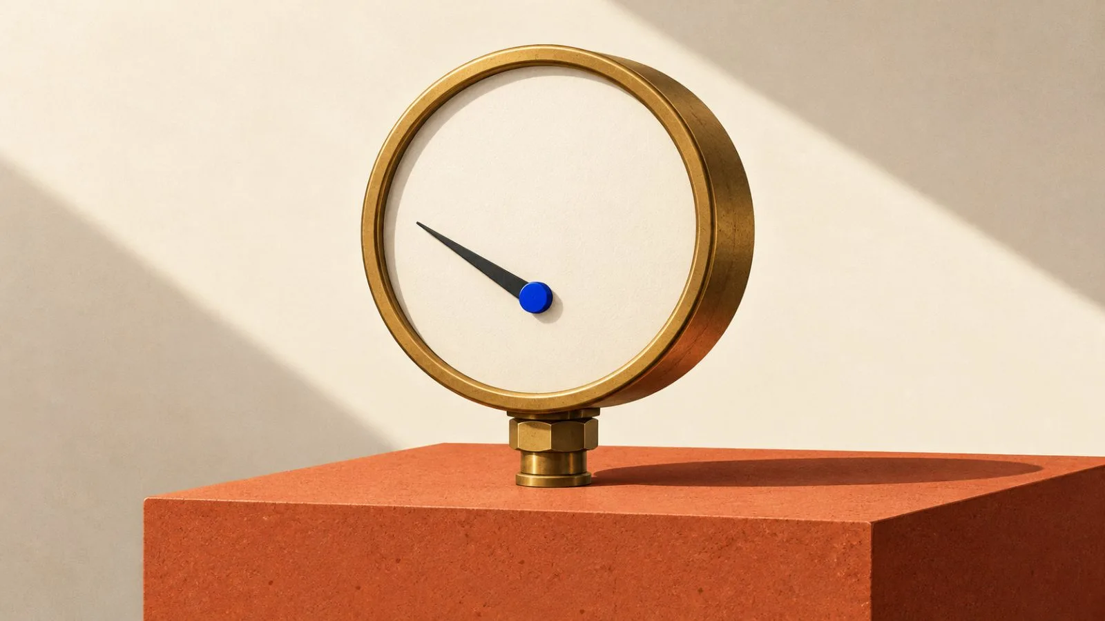 A brass gauge needle sits below the midpoint on a terracotta plinth / TokenPost.ai