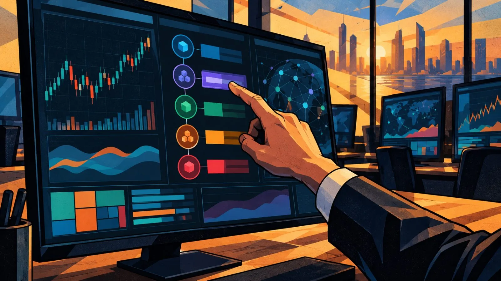 Hand selecting a blockchain filter on a financial terminal / TokenPost.ai