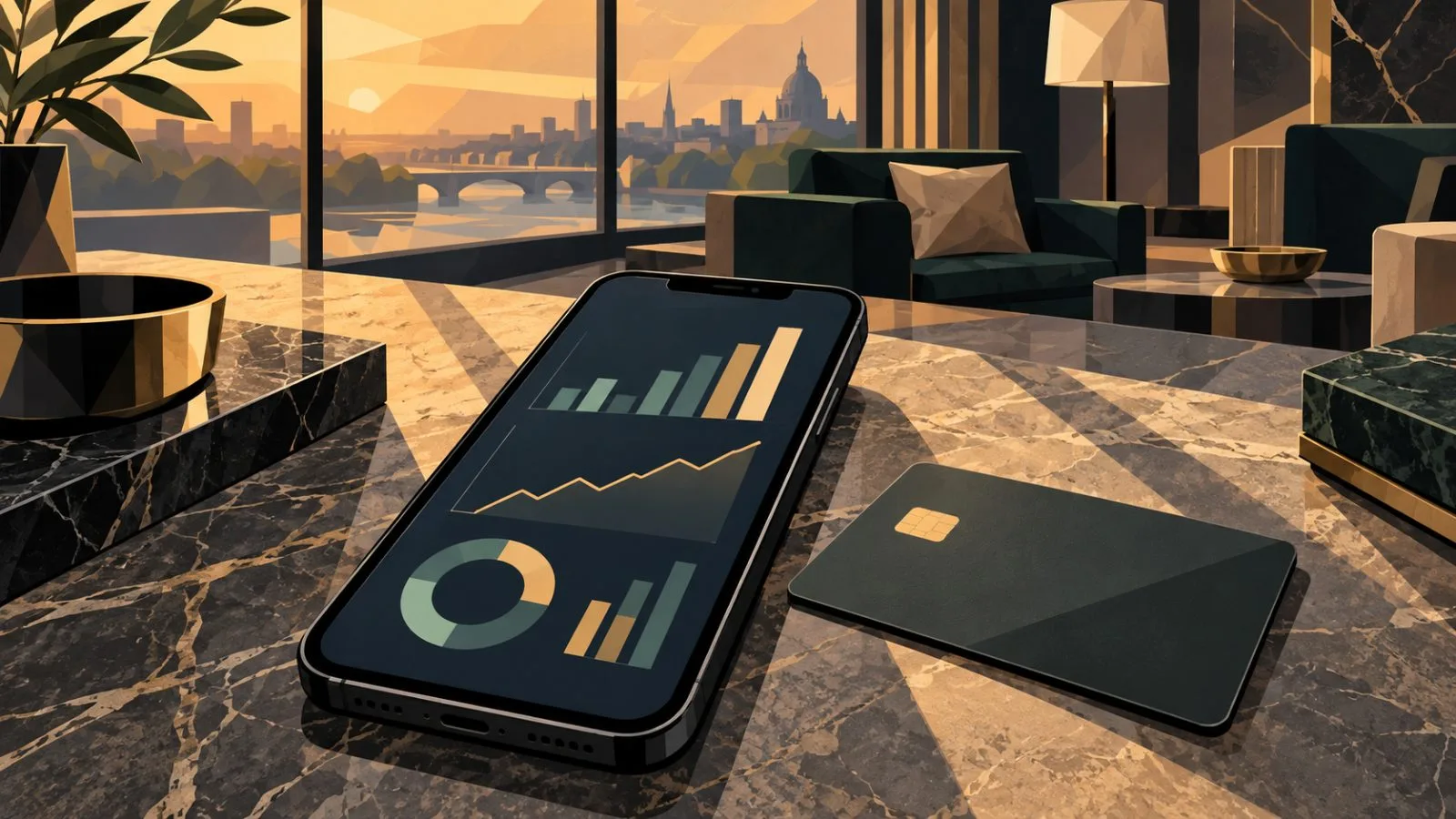 Smartphone with unlabeled charts beside a matte bank card / TokenPost.ai