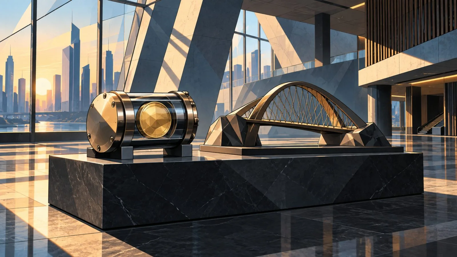 Metallic capsule beside a sculptural bridge in an empty lobby / TokenPost.ai