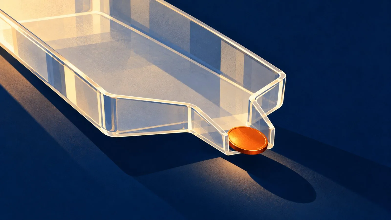 A single unmarked token sits at the mouth of an empty clear tray / TokenPost.ai